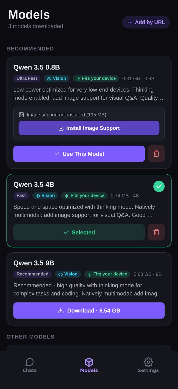 The Models tab: Qwen 3.5 0.8B, 4B and 9B cards with Ultra Fast, Vision and Fits-your-device badges, an Install Image Support button and a Download 6.54 GB button